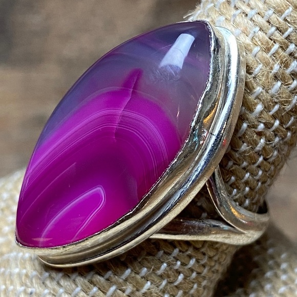 New Pink Striped Agate Crystal Stone Silver Overlay Ring Size 8.5 - 8.75 - Picture 3 of 8